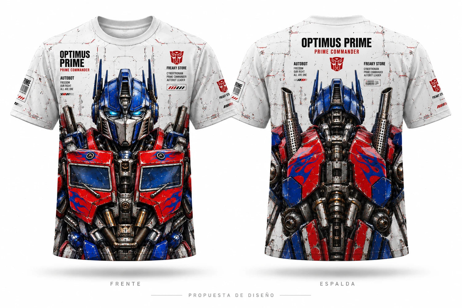 Visualización del diseño aprobado de la playera blanca Prime Commander: frente y espalda