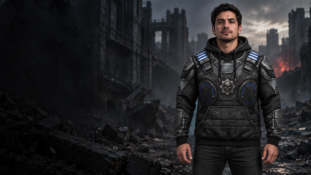 Visualización cinematográfica de la hoodie Marcus en una ciudad devastada