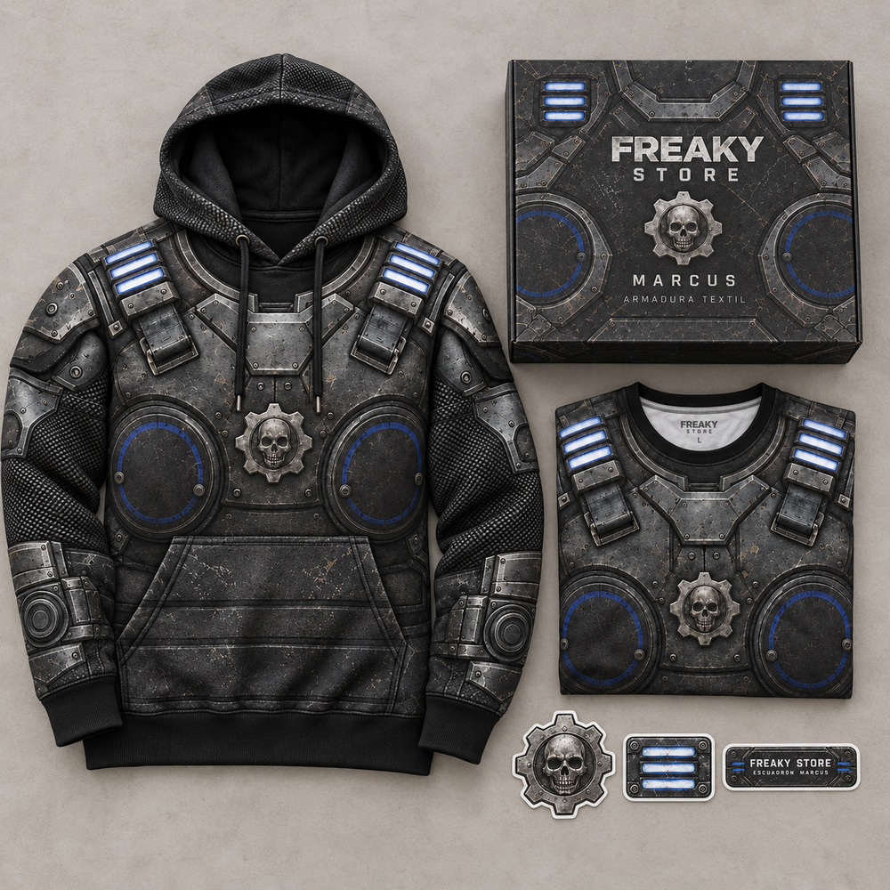 Visualización del kit Marcus: hoodie, playera, caja y tres stickers