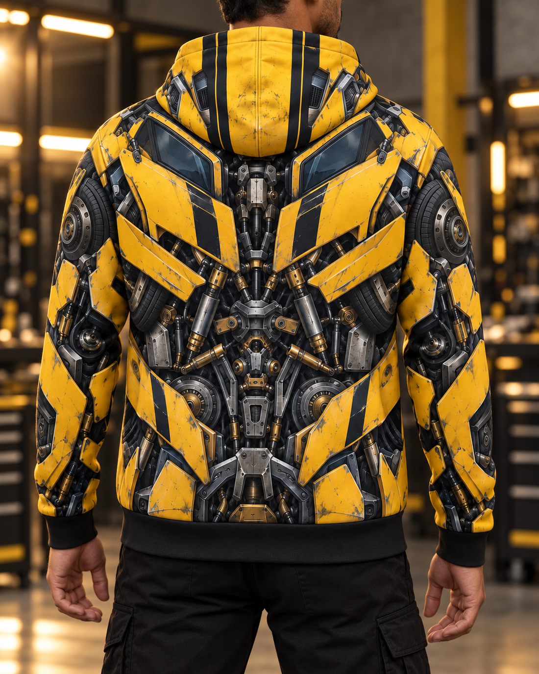 Visualización hiperrealista de la espalda de la hoodie Bumblebee, con diseño sublimado y caída de tela.