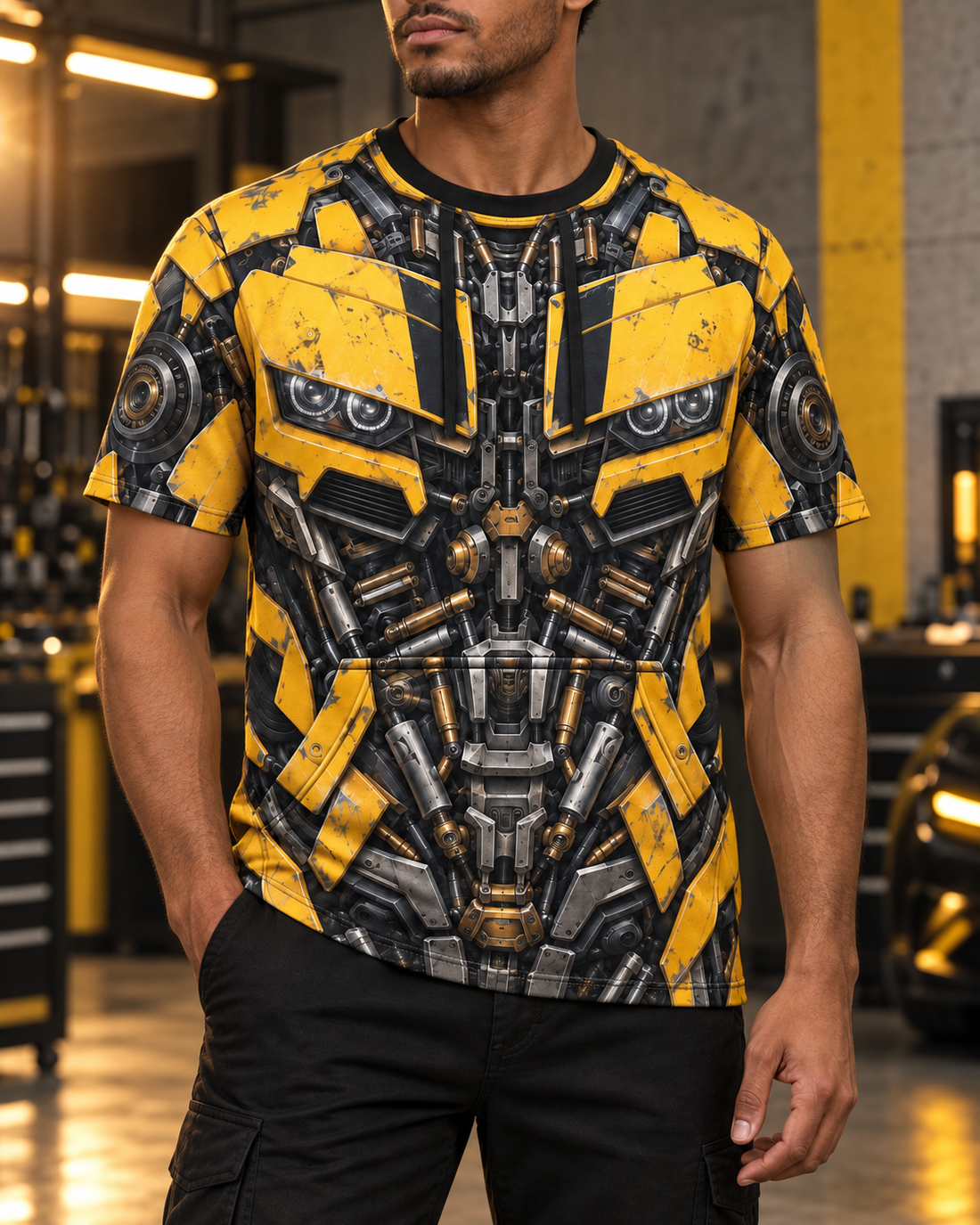 Visualización hiperrealista de la playera Bumblebee puesta en modelo, de manga corta con diseño sublimado.