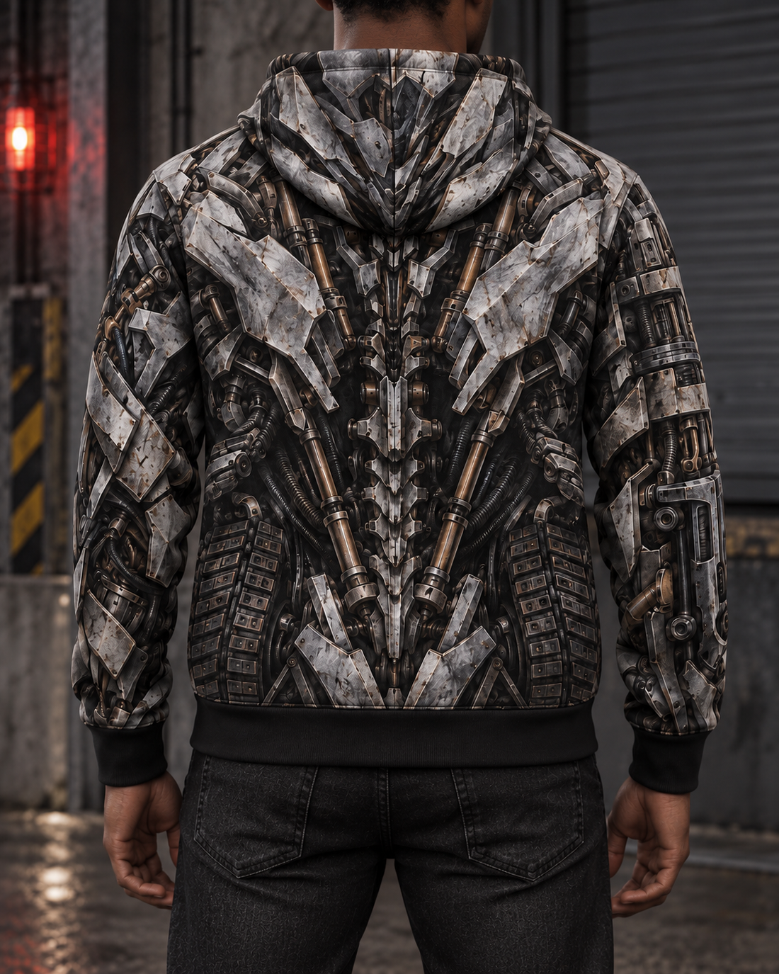 Visualización hiperrealista de la espalda de la hoodie Megatrón, con diseño sublimado y caída de tela.