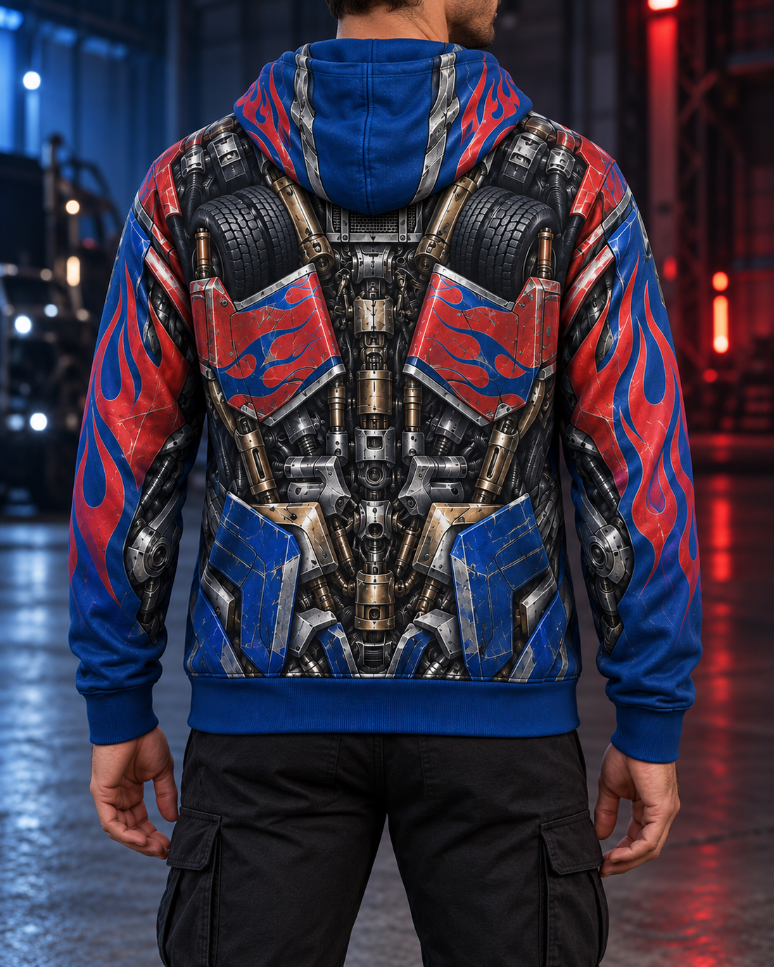 Visualización hiperrealista de la espalda de la hoodie Optimus Prime, con diseño sublimado y caída de tela.