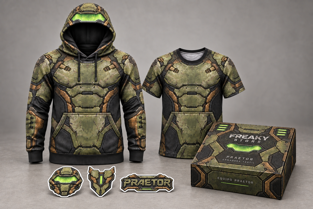 Visualización del kit Praetor: hoodie, playera, caja y tres stickers