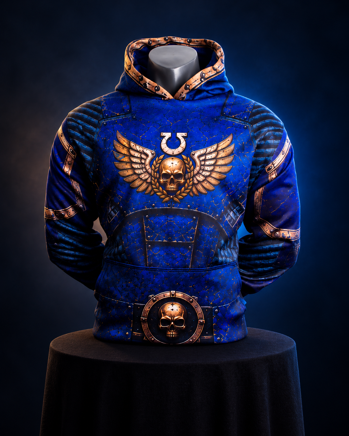 Hoodie Ultramarines azul y dorada, vista frontal