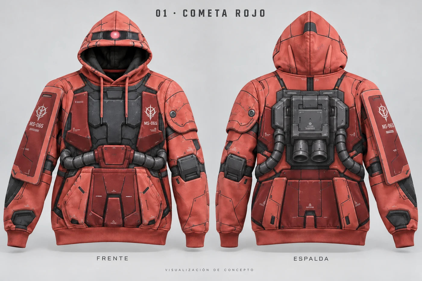 Visualización de la hoodie Cometa Rojo por frente y espalda, sin recorte