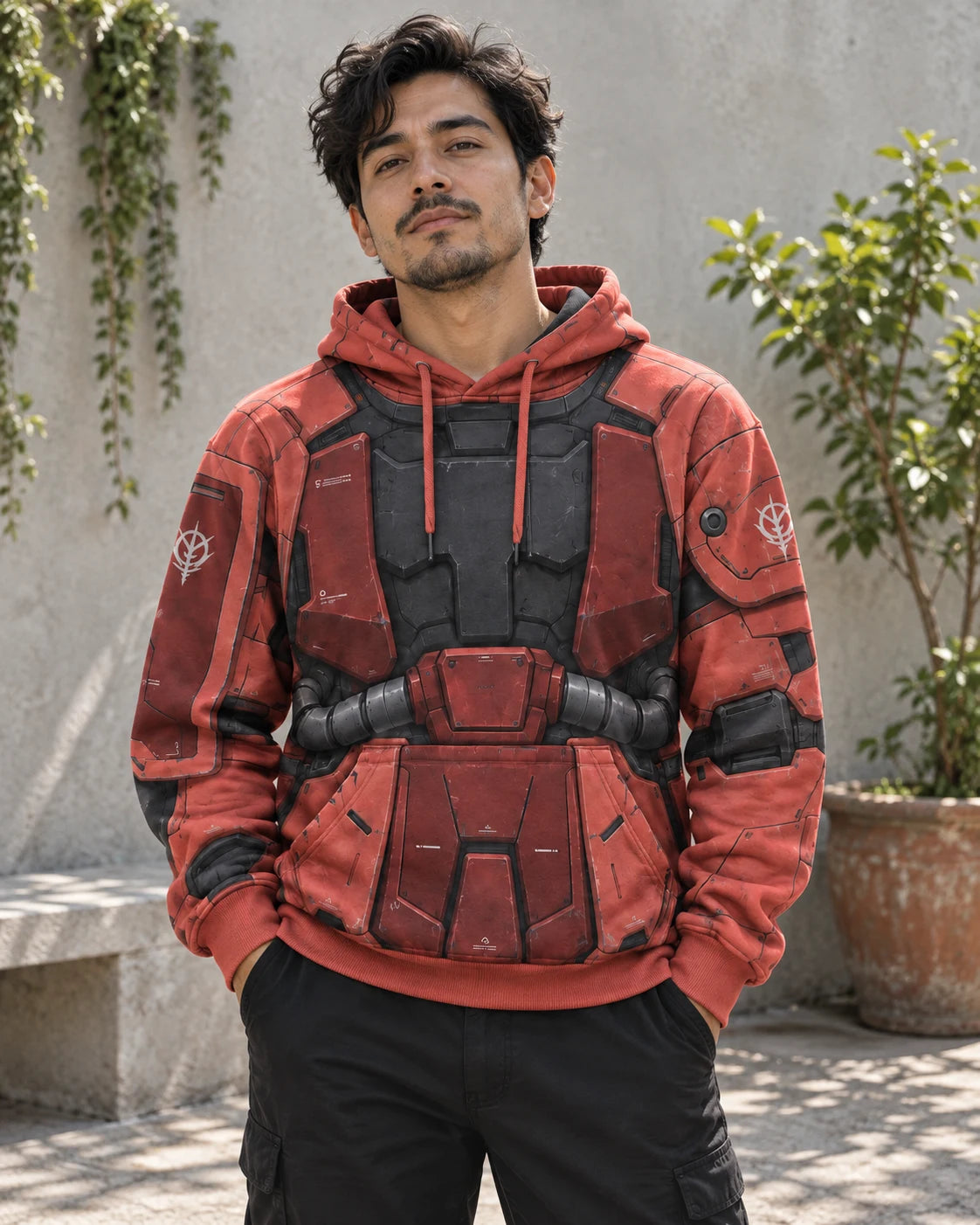 Visualización de IA de un adulto con la hoodie Cometa Rojo en un patio con luz natural