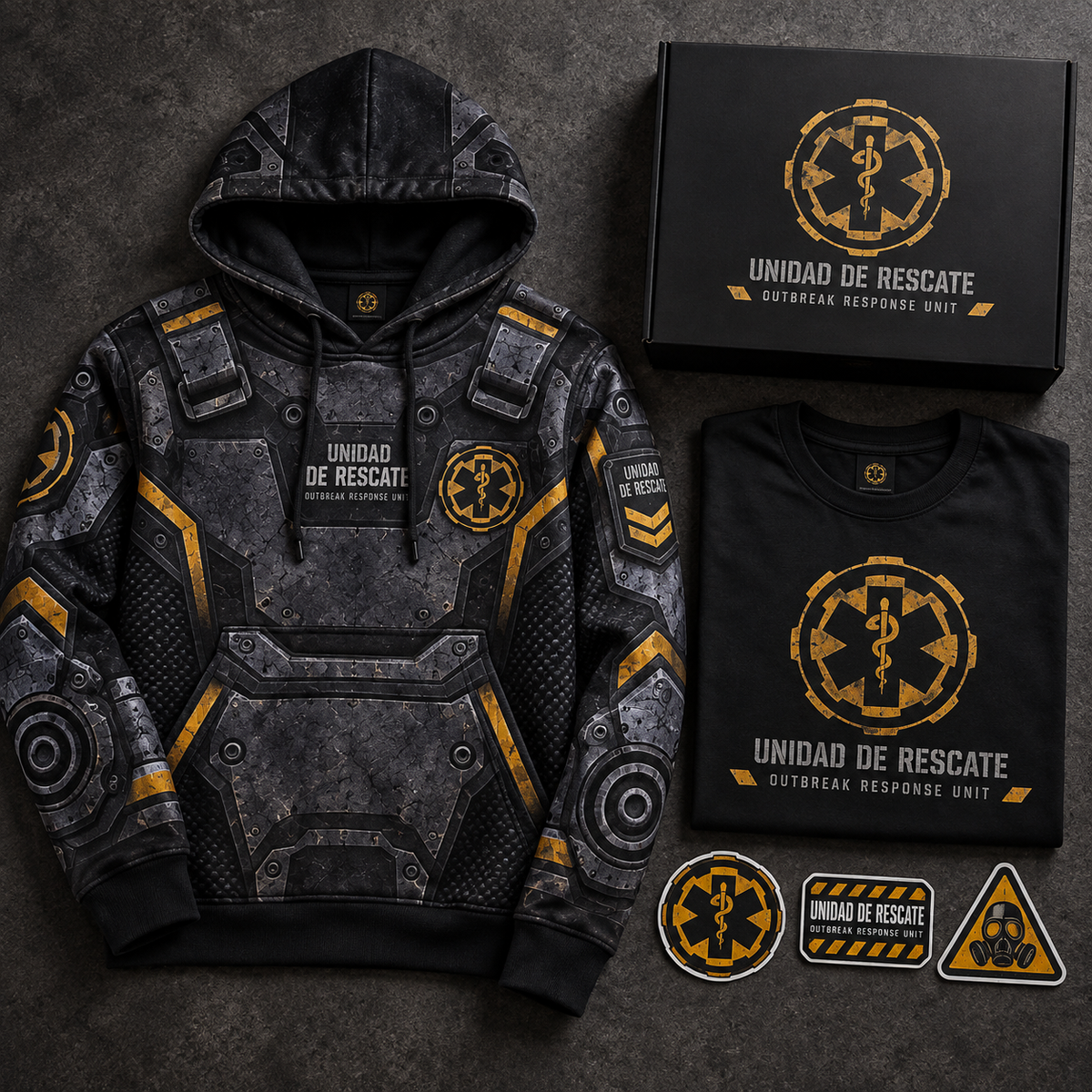 Kit Outbreak — Hoodie Unidad de Rescate + playera de regalo + caja + 3 stickers