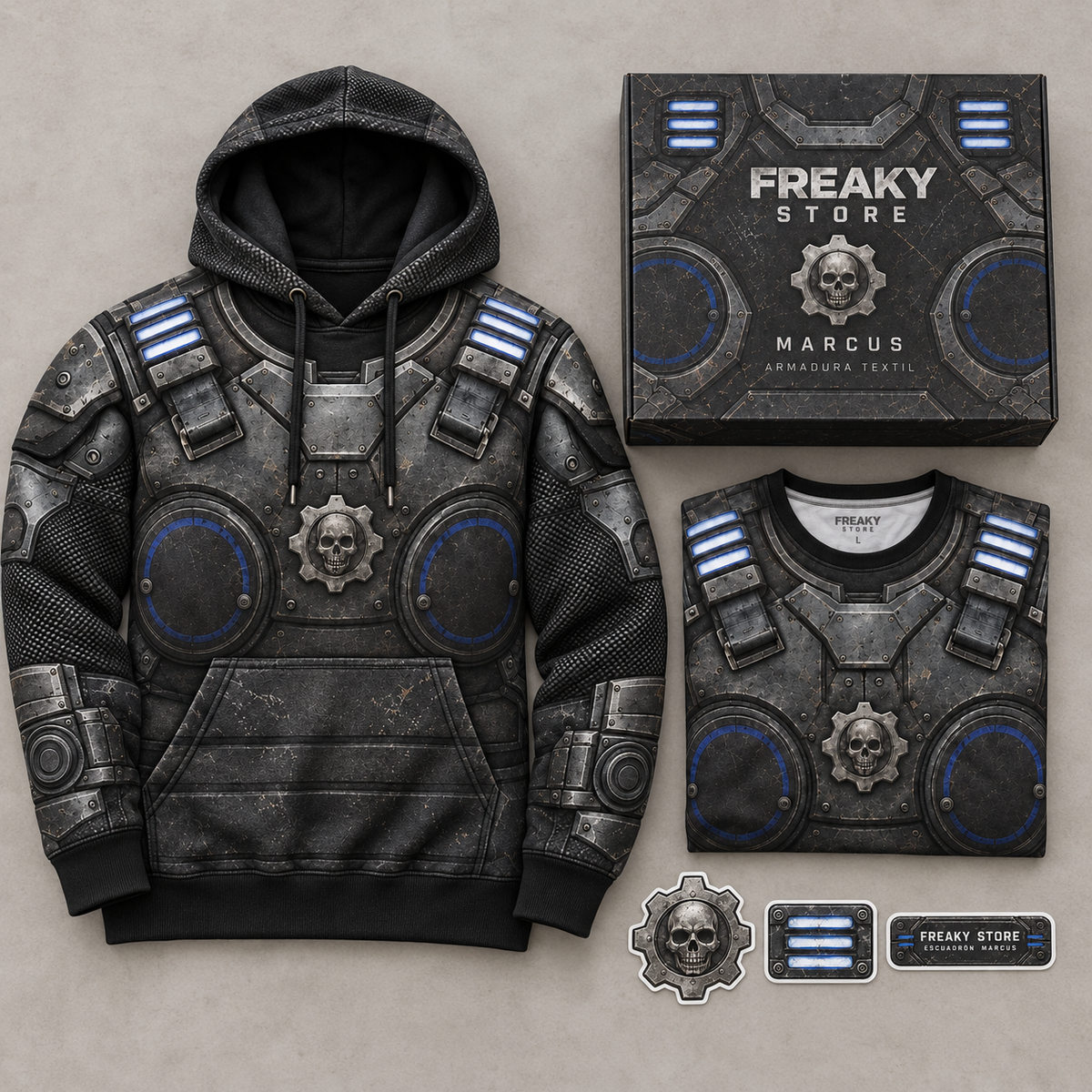 Visualización del kit Marcus: hoodie, playera, caja y tres stickers