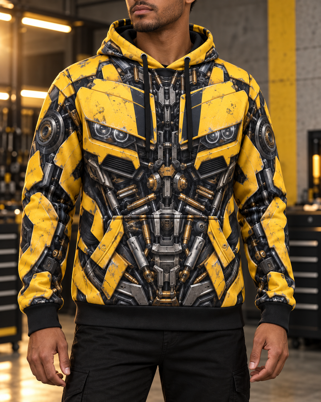 Visualización hiperrealista del frente de la hoodie Bumblebee, con el diseño sublimado sobre tela y puesta en un modelo.