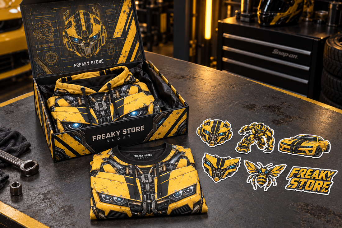 Visualización hiperrealista del kit Bumblebee: caja abierta, hoodie, playera y seis stickers sobre una mesa.