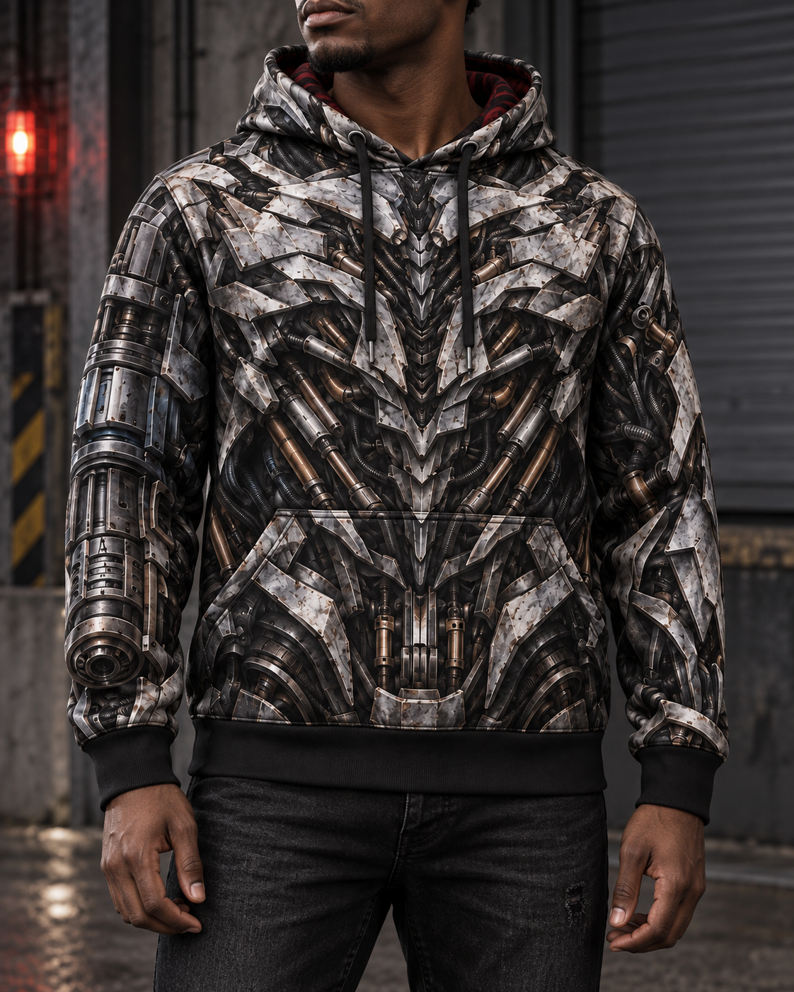 Visualización hiperrealista del frente de la hoodie Megatrón, con el diseño sublimado sobre tela y puesta en un modelo.