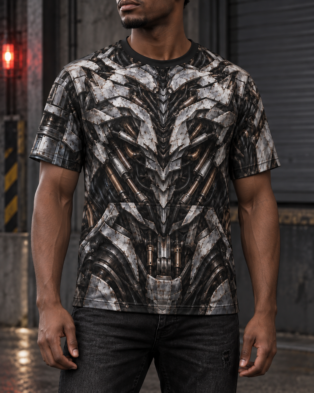 Visualización hiperrealista de la playera Megatrón puesta en modelo, de manga corta con diseño sublimado.