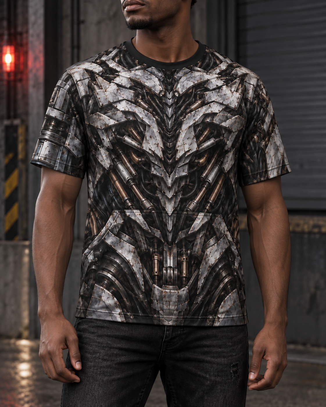 Visualización hiperrealista de la playera Megatrón puesta en modelo, de manga corta con diseño sublimado.