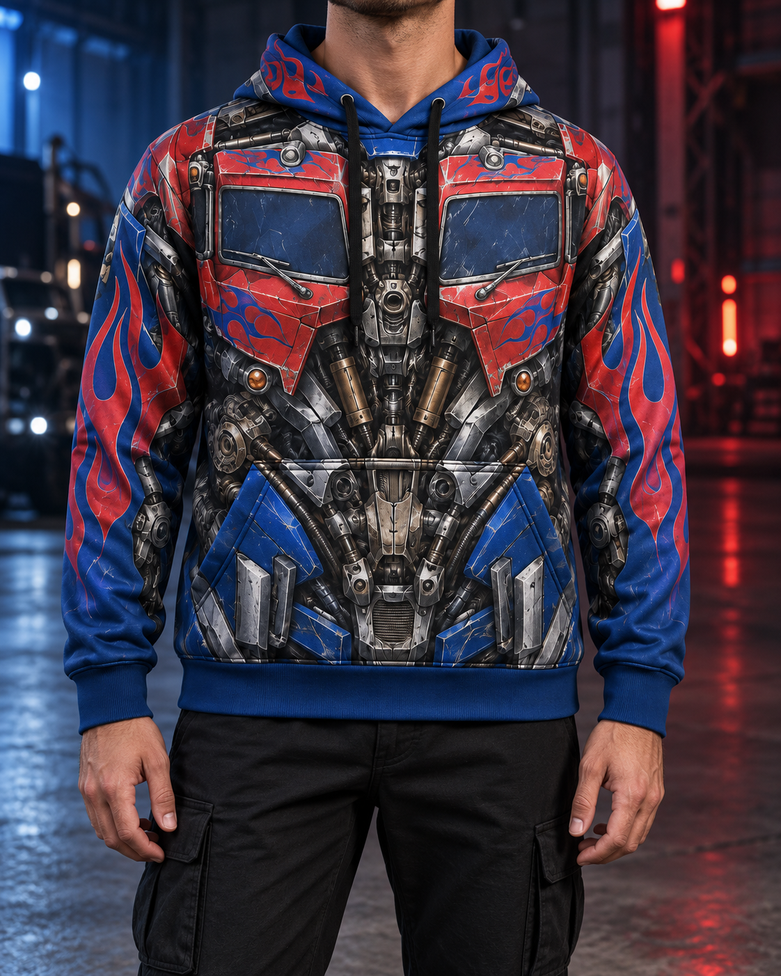 Visualización hiperrealista del frente de la hoodie Optimus Prime, con el diseño sublimado sobre tela y puesta en un modelo.
