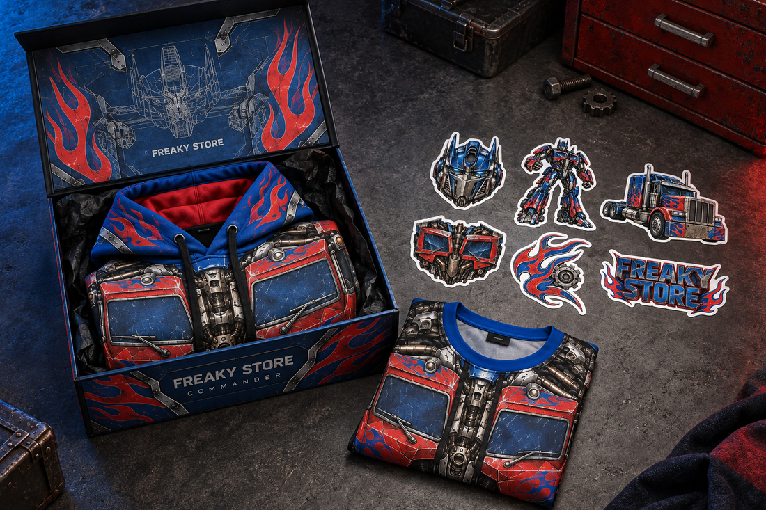 Visualización hiperrealista del kit Optimus Prime: caja abierta, hoodie, playera y seis stickers sobre una mesa.