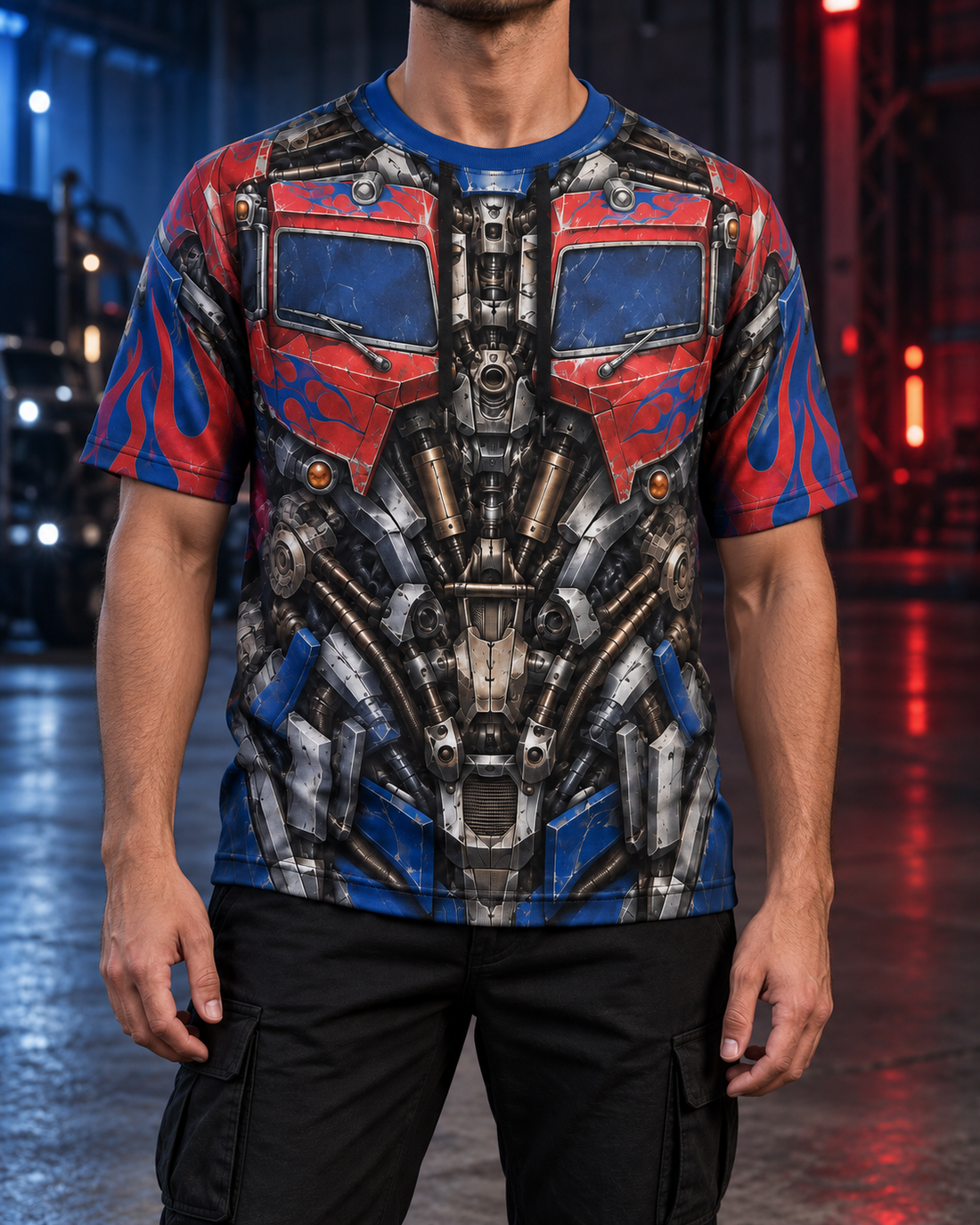 Visualización hiperrealista de la playera Optimus Prime puesta en modelo, de manga corta con diseño sublimado.
