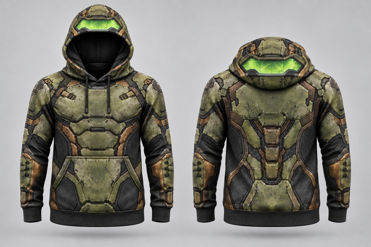 Visualización de la hoodie Praetor, frente y espalda