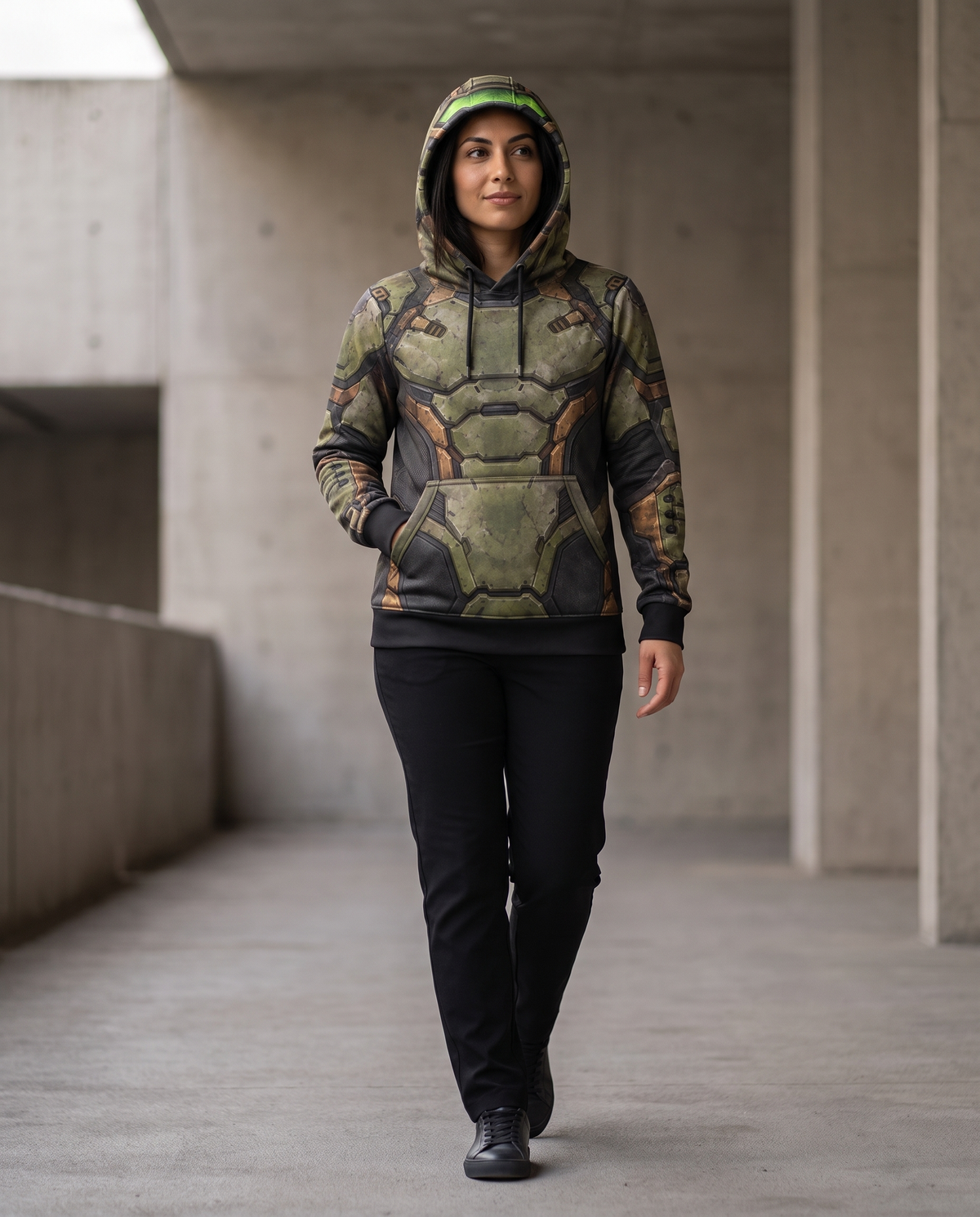 Visualización digital de la hoodie Praetor en modelo, estilo urbano