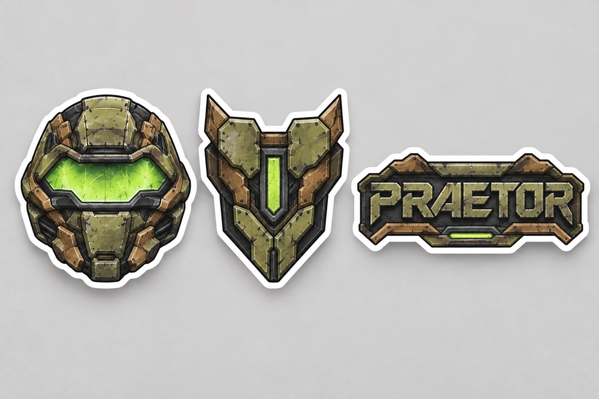 Tres stickers incluidos: casco, emblema y Praetor