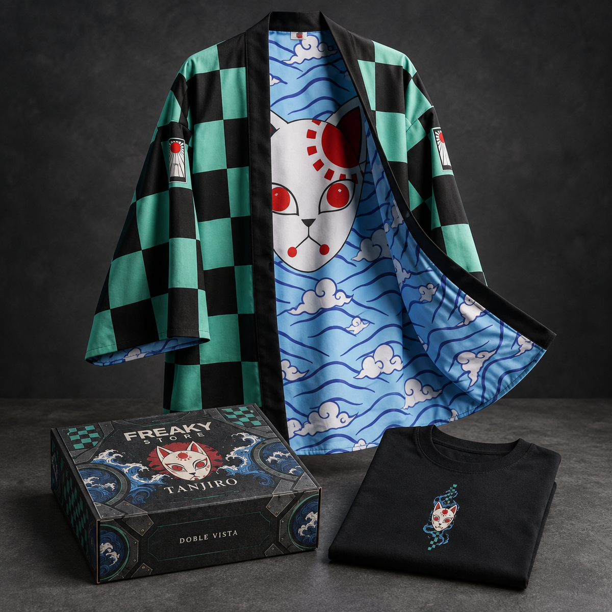 Visualización del kit Tanjiro: kimono doble vista, playera de regalo y caja